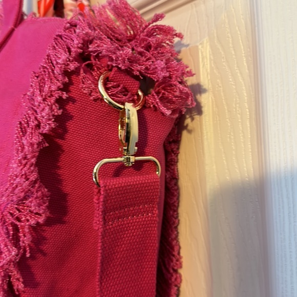 Pink Canvas Tote with Fringe and Scarf - Picture 4 of 9